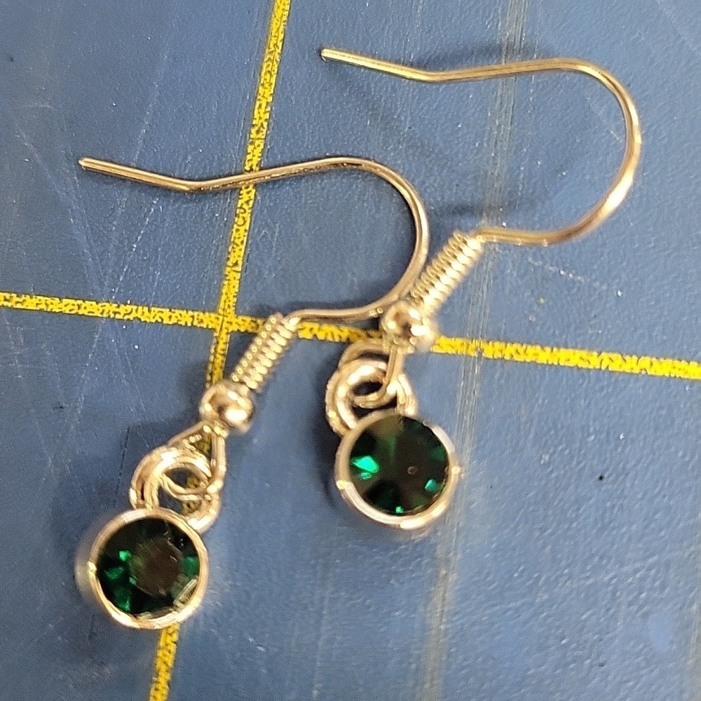 Emerald Faux Green Silver Tone Earrings